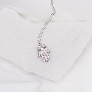 Dainty Silver Zirconia Crystal Hamsa Pendant Necklace, Hand of God, Statement